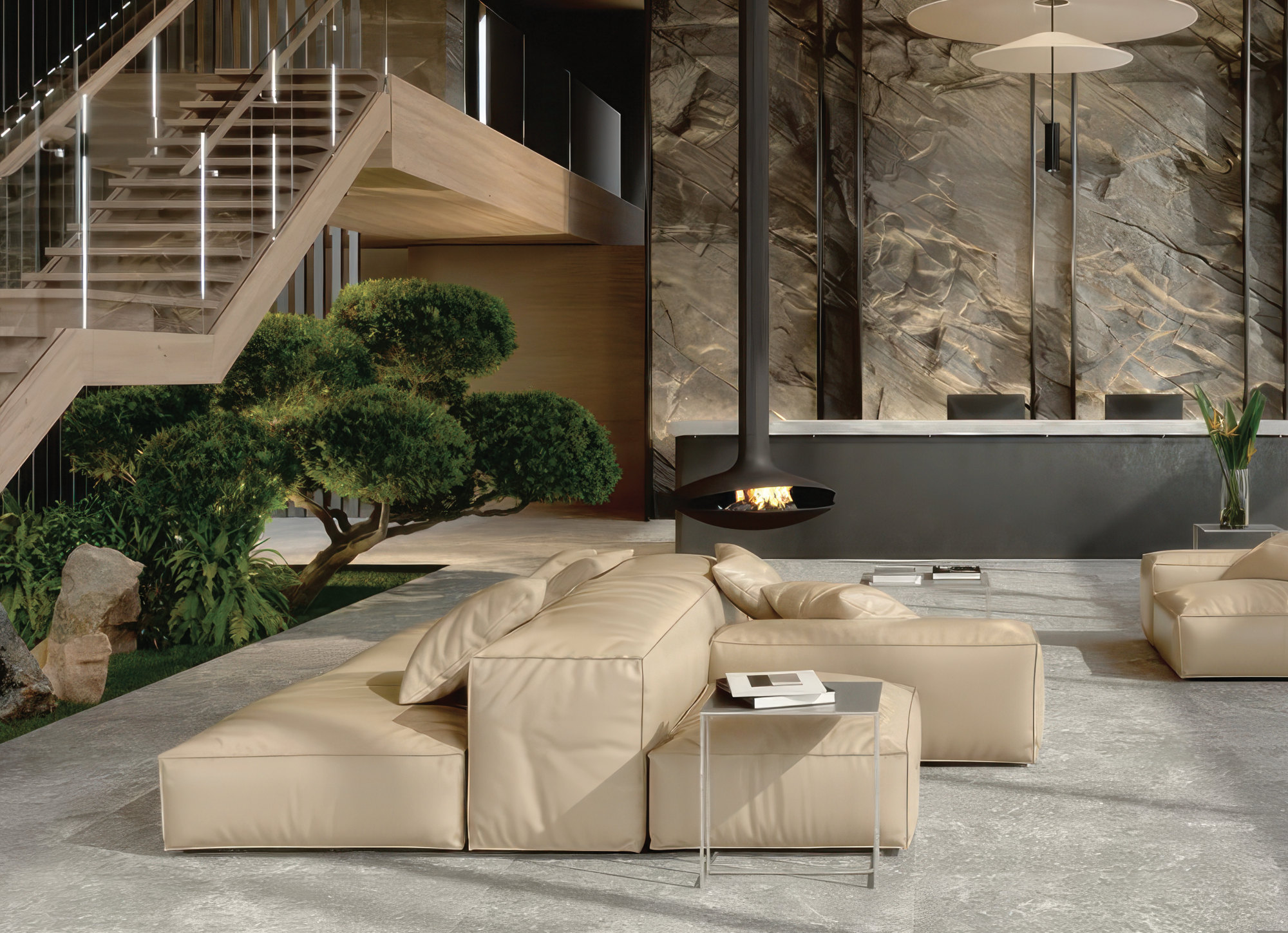 Open-plan lounge with stone-effect feature wall, suspended fireplace and bonsai garden