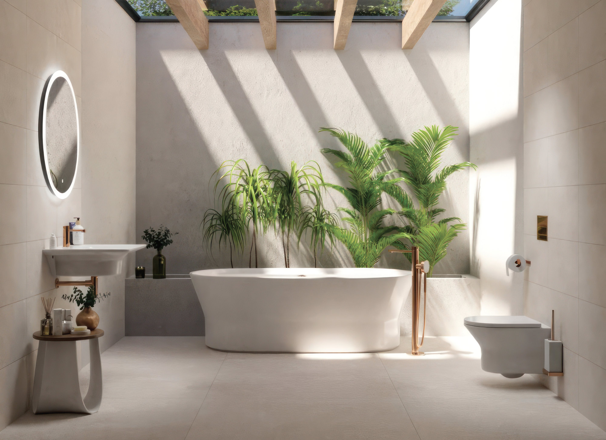 Skylit bathroom in large-format stone-effect porcelain with wall-hung sanitaryware