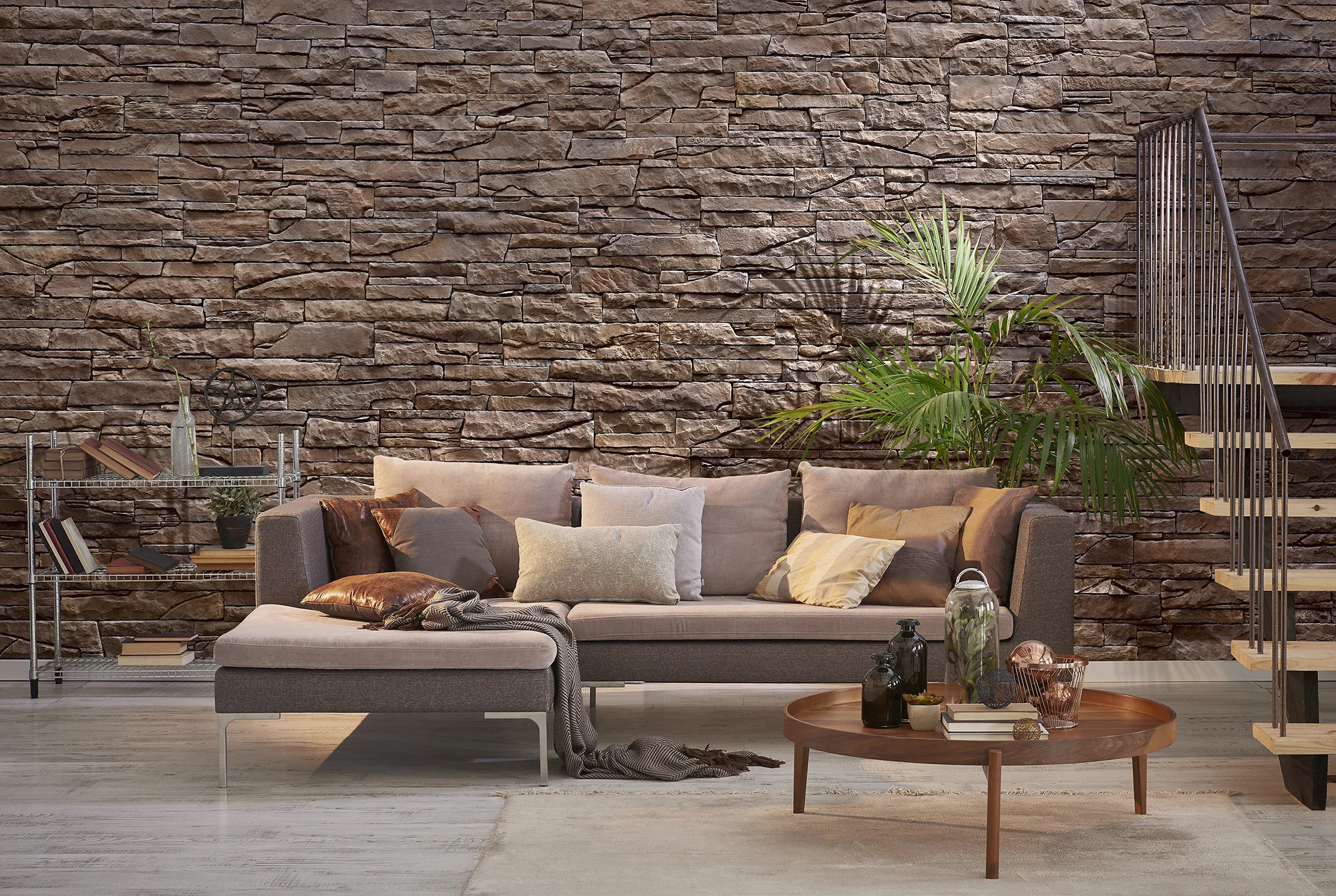 Living room with a natural stone cladding feature wall