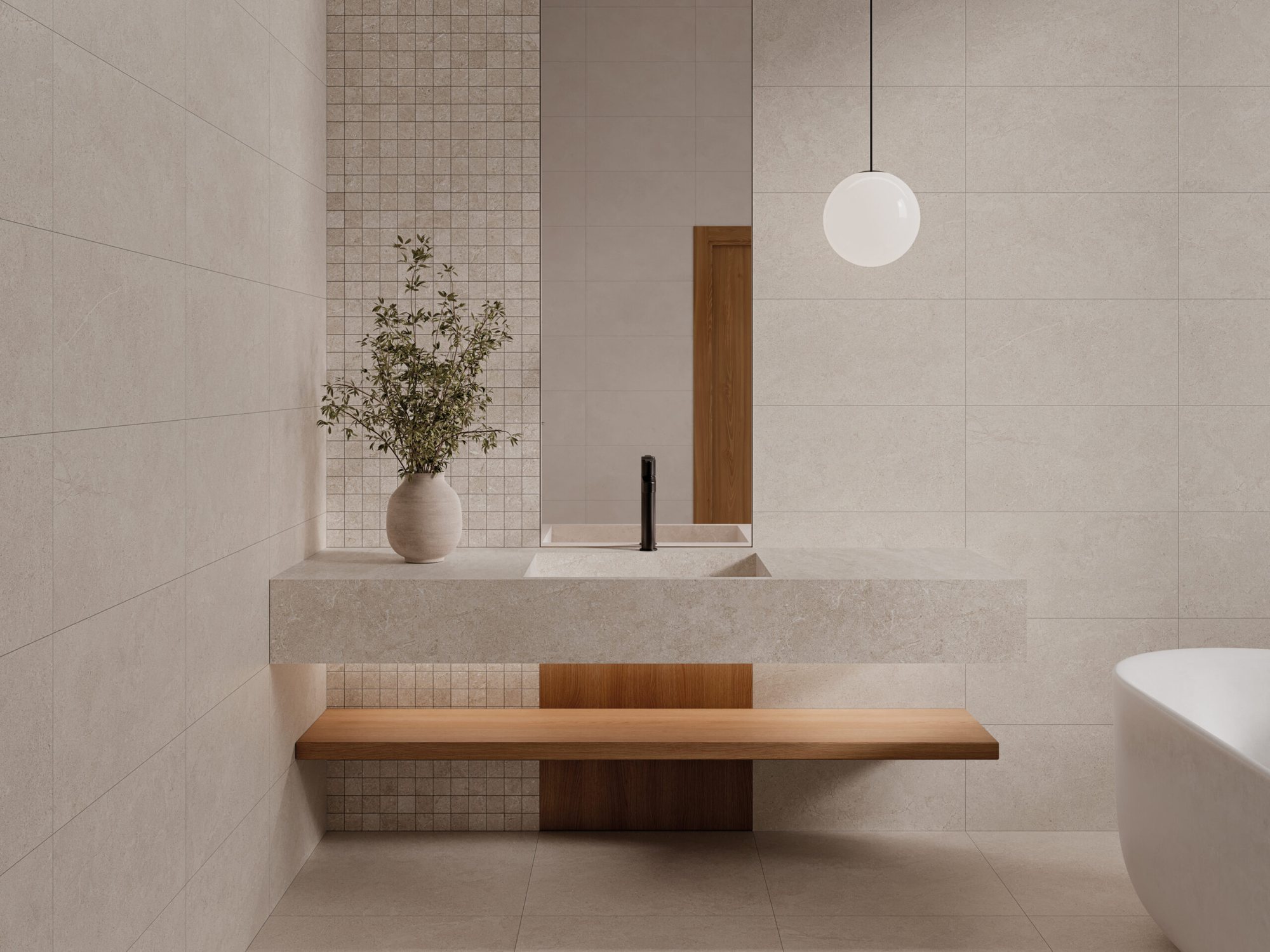 Bathroom with a stone washbasin on a timber shelf, mosaic wall panel and pendant light