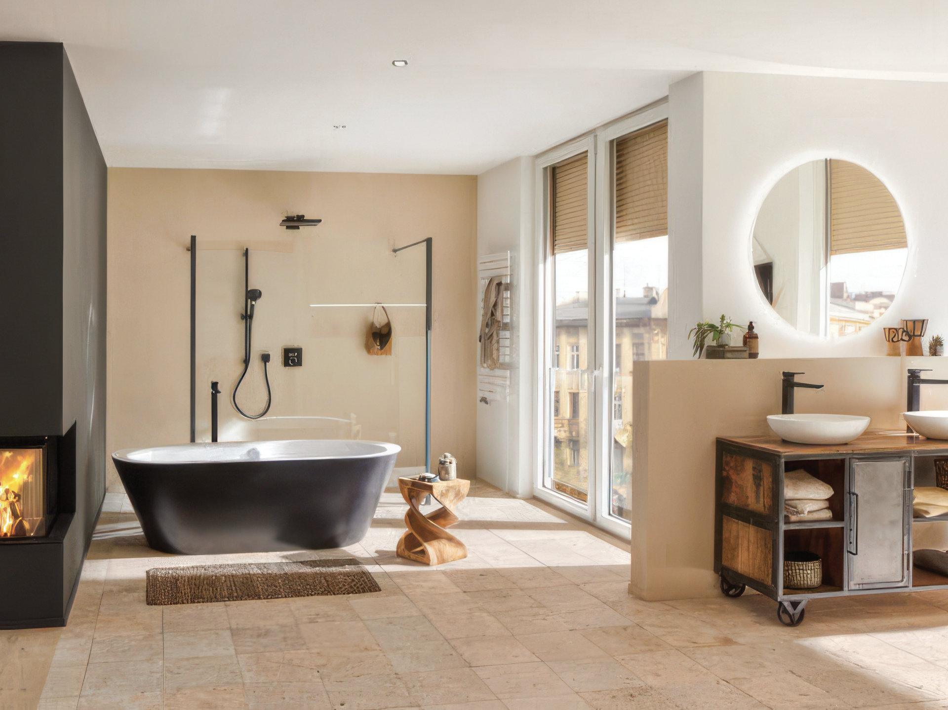 Light-filled bathroom with stone floor tiles, freestanding black bath, walk-in shower and fireplace