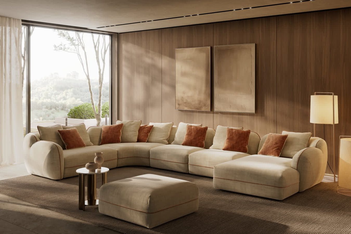 Curved cream sectional sofa with rust cushions and an ottoman in a timber-panelled living room