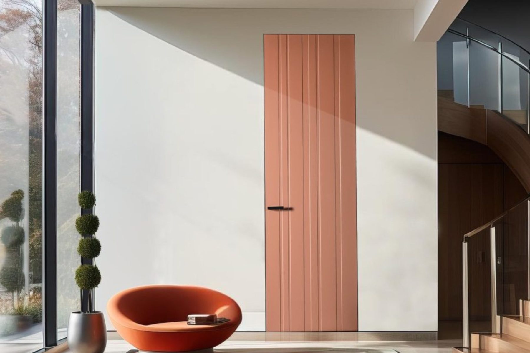 Terracotta flush-to-wall door beside an orange armchair and a floating staircase
