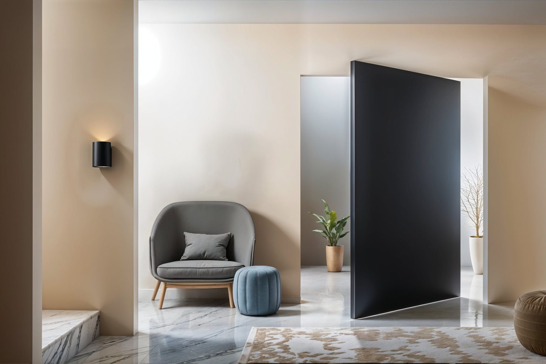 Black pivot door swung open onto a marble floor, beside a grey armchair and a wall light