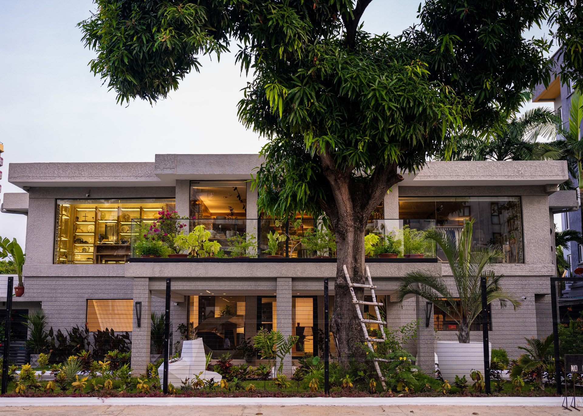 The Interstyle Home showroom at dusk: a two-storey building in textured stone, its glazed upper floor warmly lit behind a planted balcony, with a mature mango tree in front